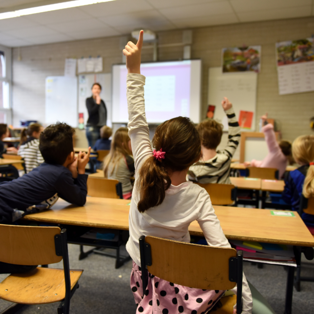 meisje steekt hand op in schoolklas